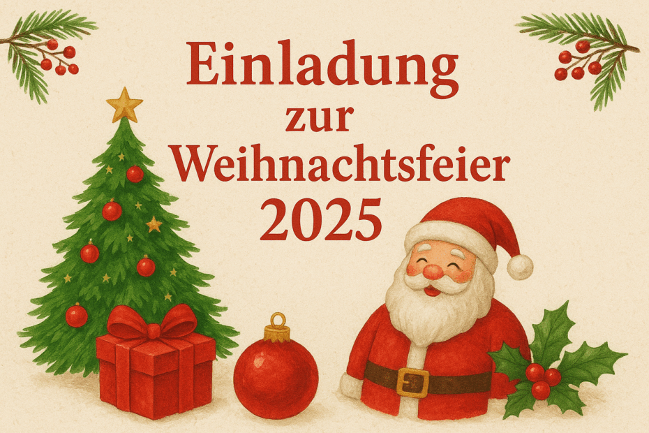 Ein festlich illustriertes Querformat-Bild mit dem Text „Einladung zur Weihnachtsfeier 2025“ in roter Schrift. Links steht ein geschmückter Weihnachtsbaum mit roten Kugeln und goldenen Sternen, darunter ein rotes Geschenkpaket. Rechts daneben lächelt ein fröhlicher Weihnachtsmann mit weißem Bart und roter Mütze. Im Vordergrund liegen eine rote Christbaumkugel, Tannenzapfen und grüne Stechpalmenblätter mit roten Beeren. Der Hintergrund ist warm beige mit dezenten Tannenzweigen in den Ecken.
